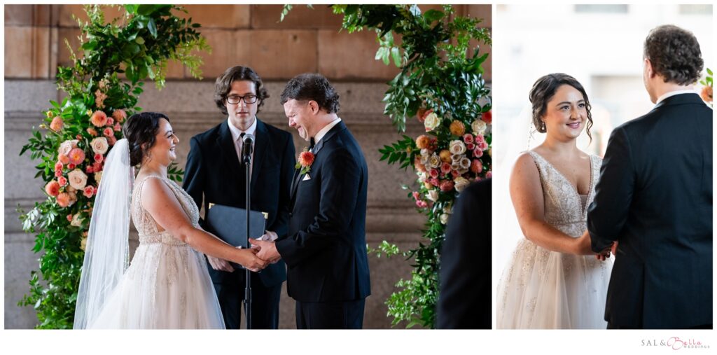 Emotional groom sees his bride for the first time at the Pennsylvanian. 