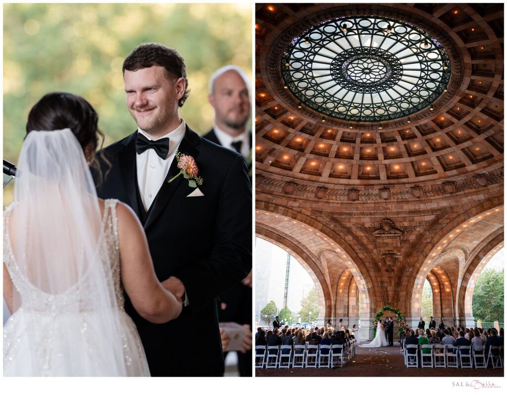 Wide view of wedding ceremony inside The Pennsylvanian rotunda