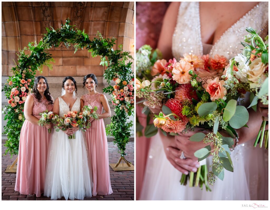 Bridesmaids holding their peach colored bouquets from Donati's flower shop