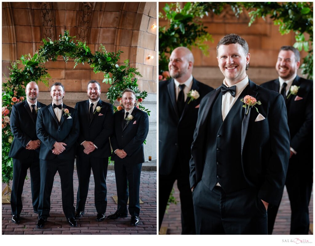 Groom & groomsmen pose for photos under the rotunda of the Pennsylvanian.