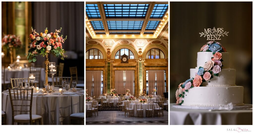 Wedding reception décor inside The Pennsylvanian Grand Hall in Pittsburgh