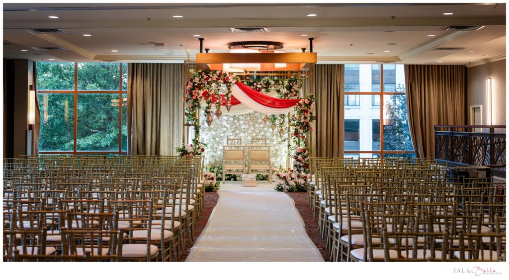 The king's garden ballroom at the Wyndham Grand Pittsburgh decorated for an indian wedding ceremony.