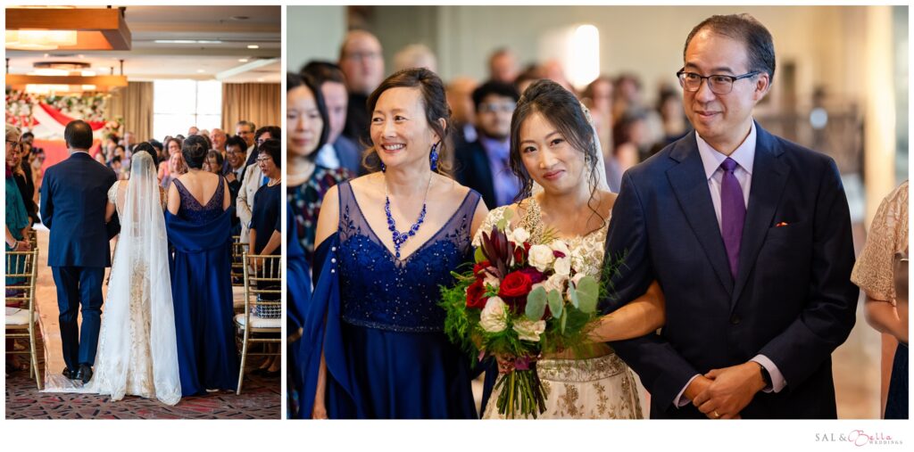 bride walks down the aisle escorted by her parents. 