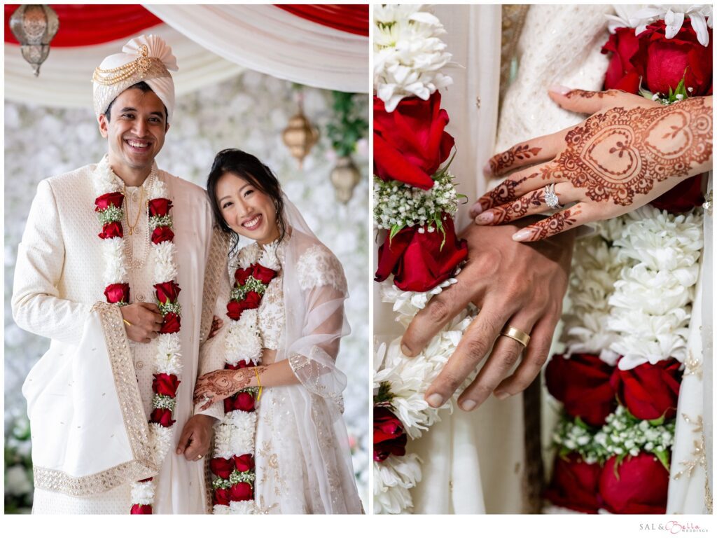 The newlyweds pose for a photo under their mandap in the king's garden ballroom at the Wyndham Grand. 