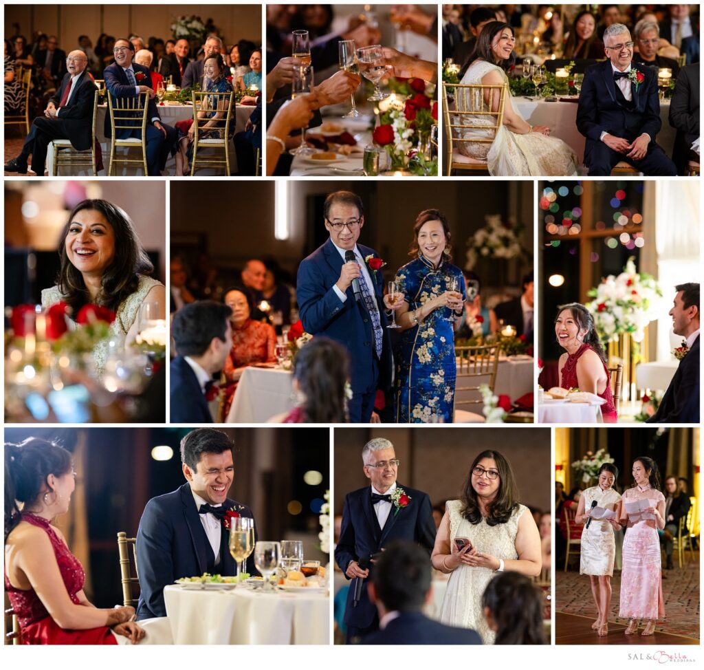 the newlyweds listen to heartfelt toasts from their friends and family. 