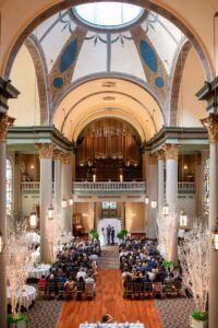 Aerial view of a wedding ceremony at the Grand Hall at the Priory Pittsburgh