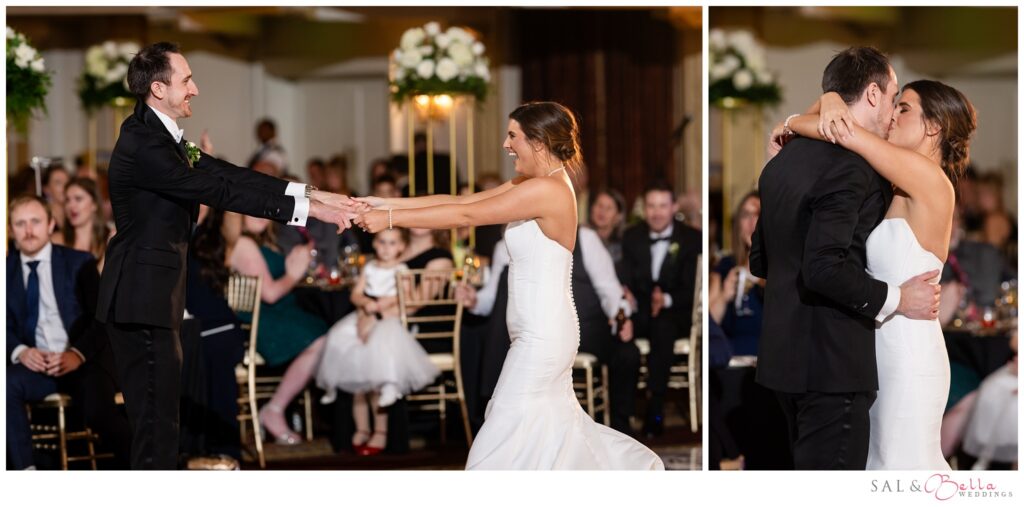 Bride and groom laughing and kissing during their first dance at their Pittsburgh wedding reception