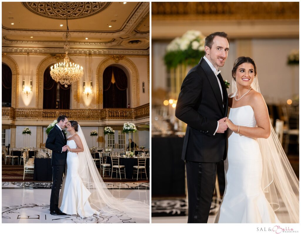 Bride and groom portraits beneath the chandeliers in the Grand Ballroom at the Omni William Penn Hotel