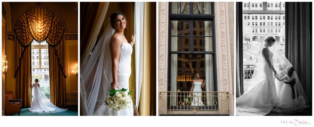 Bride Elle posing with her bouquet and veil by the windows at the Omni William Penn Hotel in Pittsburgh