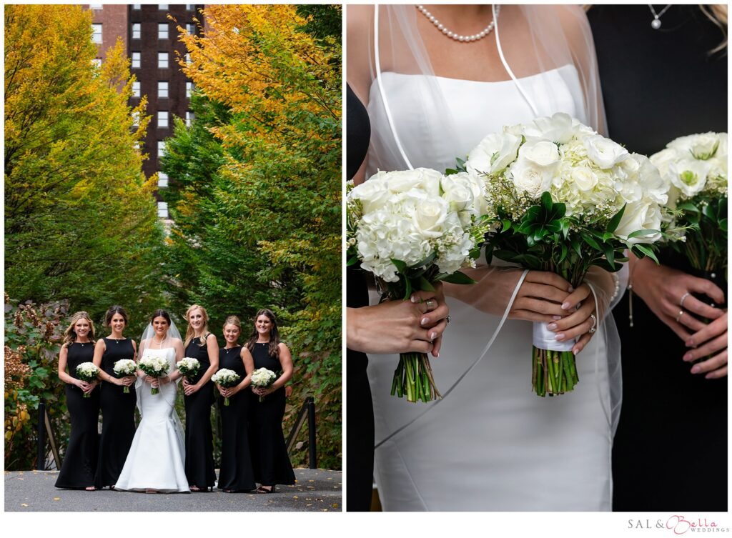 Elle with her bridesmaids and white bouquets surrounded by fall foliage at Mellon Green in Pittsburgh