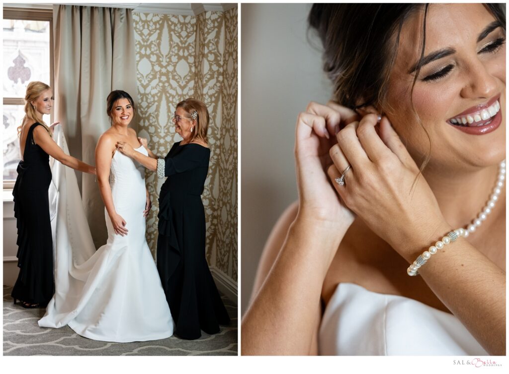 Elle getting into her wedding dress with help from family before her ceremony at St. Mary of the Mount