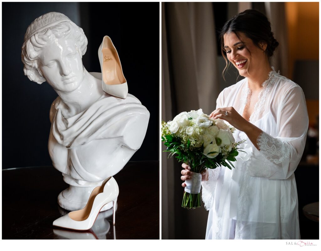 White bridal heels displayed beside a classic sculpture and Elle holding her white wedding bouquet at the Omni William Penn