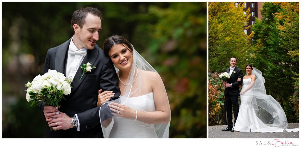 Elle and Mike holding hands during their fall wedding portraits at Mellon Green in Pittsburgh