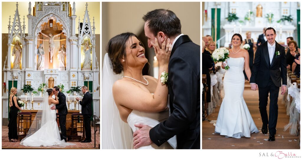 Elle and Mike share their first kiss as husband and wife during their wedding ceremony at St. Mary of the Mount in Pittsburgh