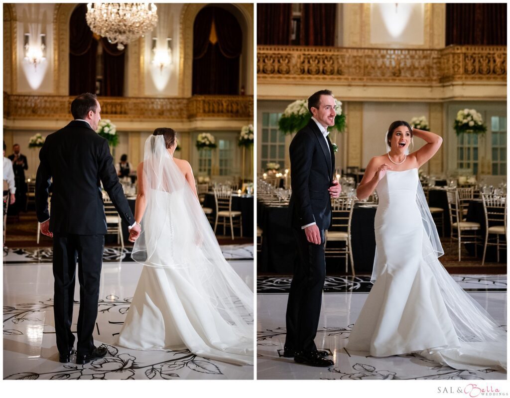 Elle and Mike seeing their wedding reception in the Omni William Penn Grand Ballroom for the first time