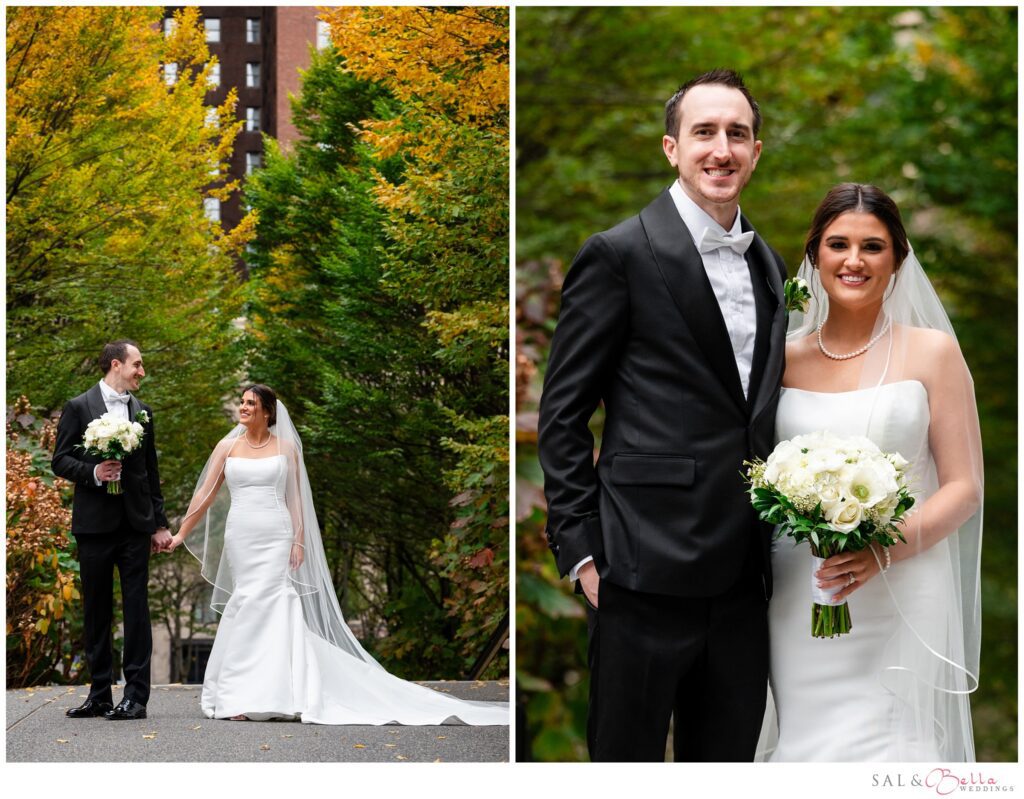 Elle and Mike posing together among the fall foliage at Mellon Green in downtown Pittsburgh
