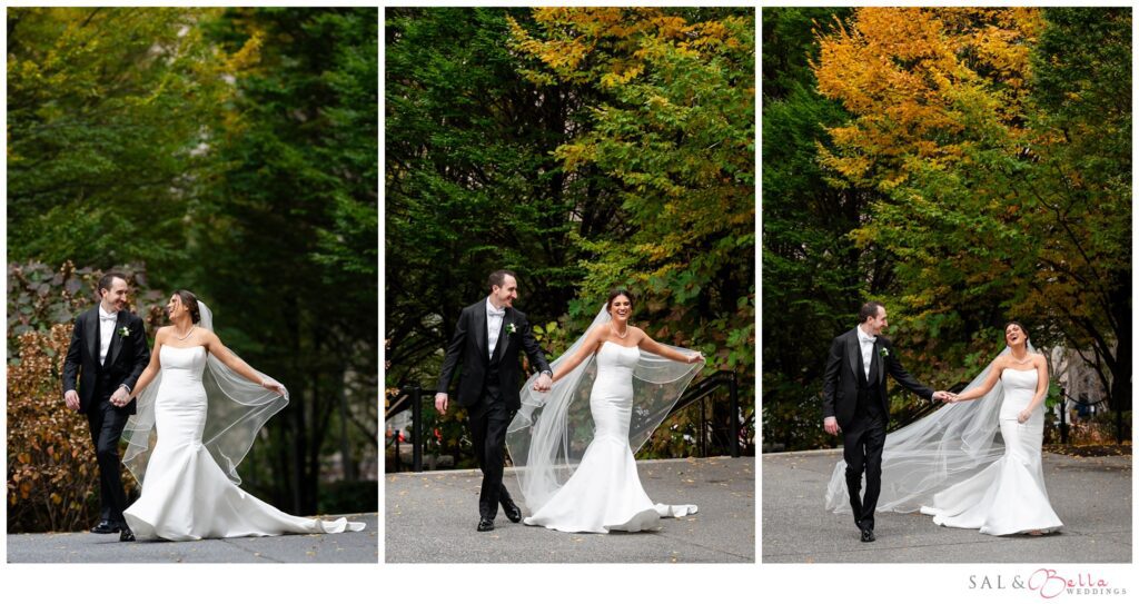Elle and Mike laughing together during their November wedding portraits at Mellon Green