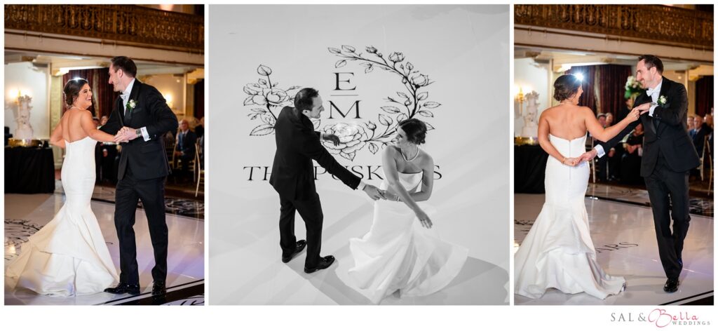 Elle and Mike share their first dance on their custom floral dance floor at the Omni William Penn Grand Ballroom