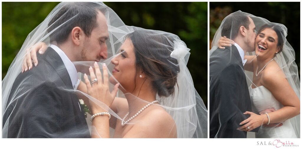 Close-up wedding portraits of Elle and Mike together beneath her veil at Mellon Green in Pittsburgh