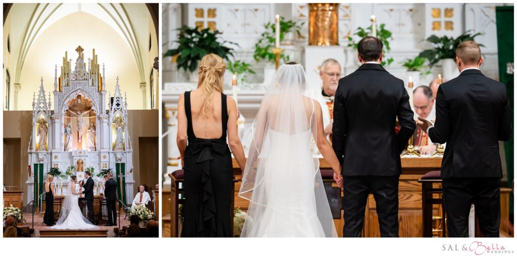 Elle and Mike stand at the altar for the Lord's prayer during their Catholic wedding ceremony at St. Mary of the Mount in Pittsburgh