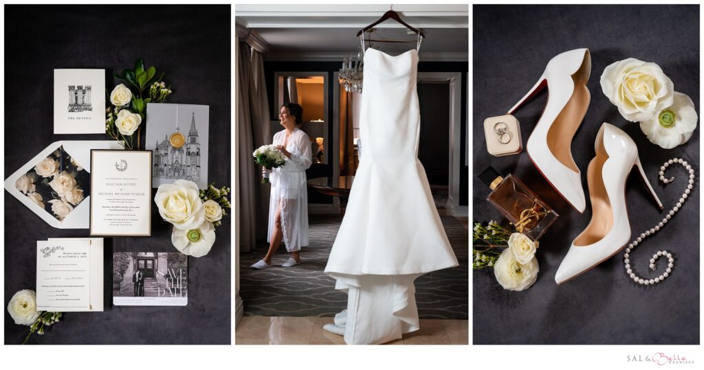 Elle and Mike's wedding invitation suite, bridal details, white wedding dress and accessories photographed at the Omni William Penn