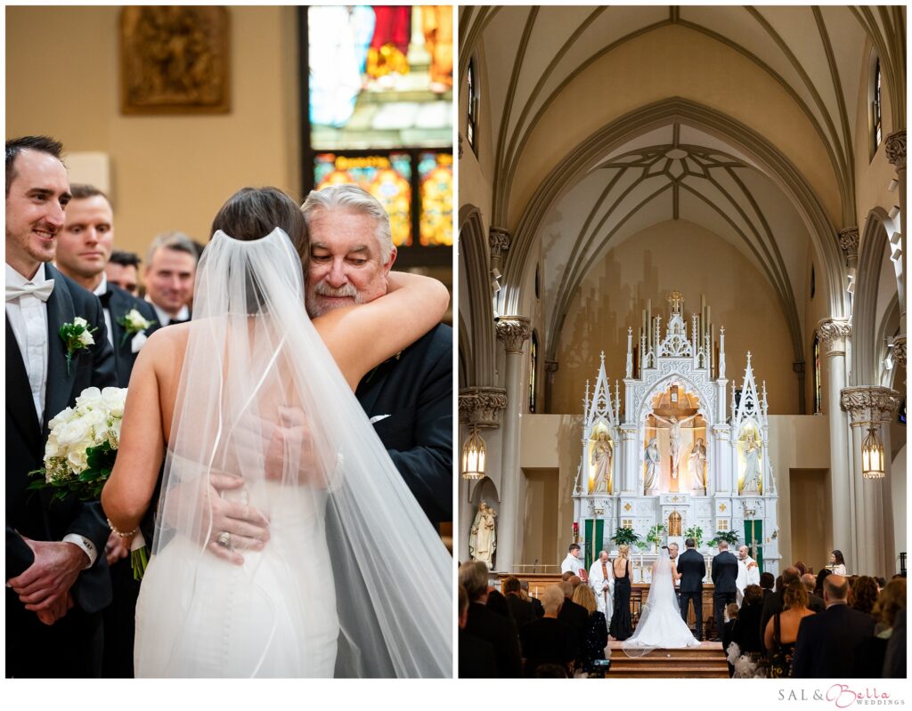 Elle's father hugs his daughter after walking down the aisle together after their wedding ceremony at St. Mary of the Mount in Pittsburgh