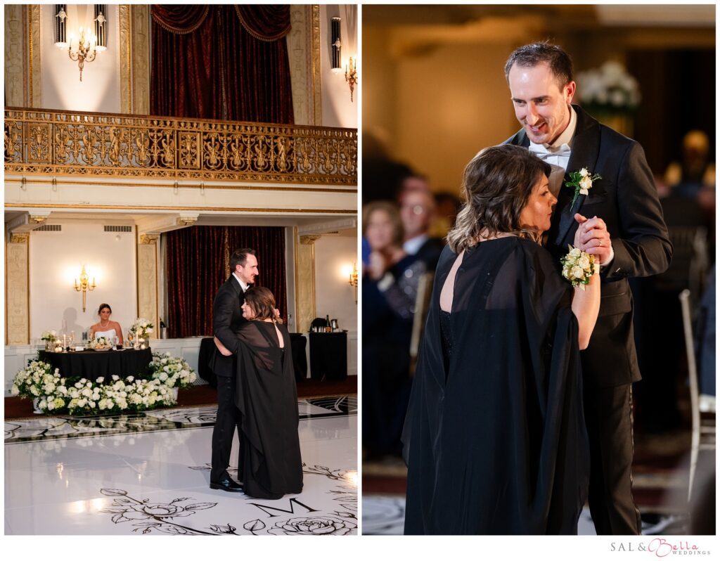 Mike dancing with his mother during the wedding reception in the Omni William Penn Grand Ballroom