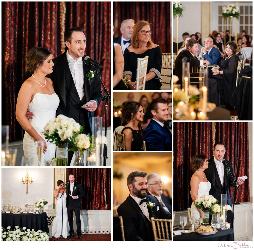Mike giving a wedding reception speech beside Elle as family and friends listen