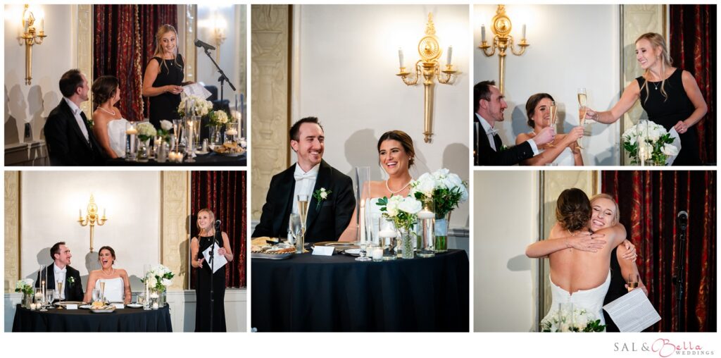 Bride and groom laughing during an emotional maid of honor speech at their wedding reception