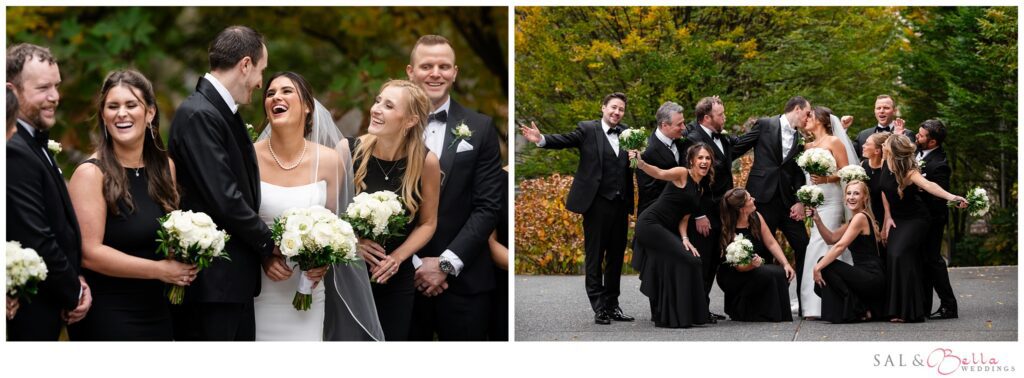 Elle and Mike laughing and celebrating with their wedding party at Mellon Green in Pittsburgh