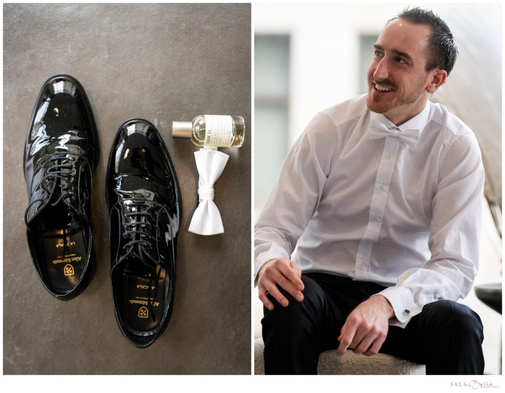 Mike's black wedding shoes, white bow tie and cologne alongside the groom getting ready in downtown Pittsburgh