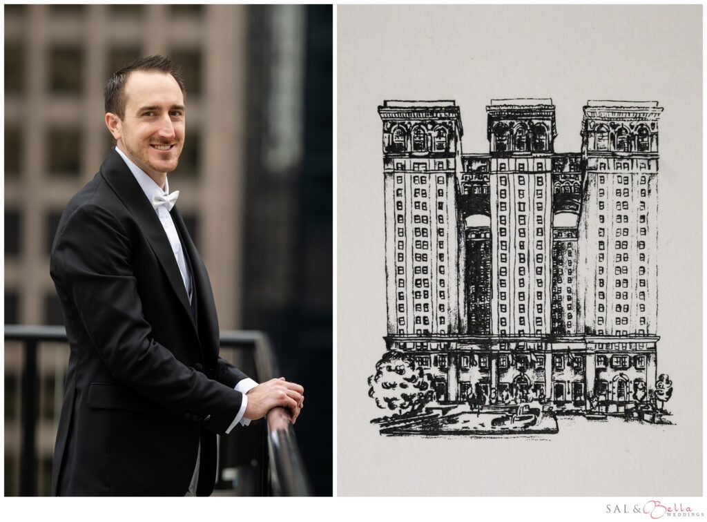 Groom portrait of Mike in a classic black tuxedo outside the Omni William Penn Hotel in downtown Pittsburgh