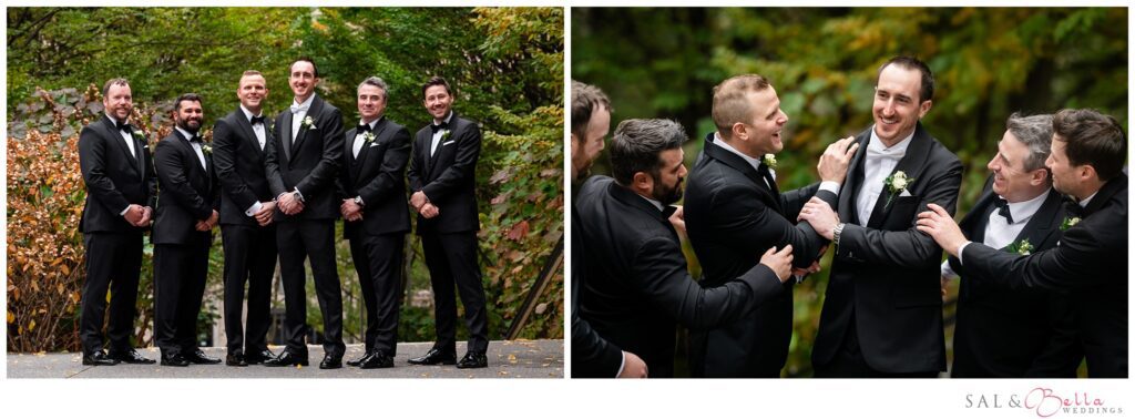 Mike with his groomsmen in black tuxedos during fall wedding portraits at Mellon Green in Pittsburgh