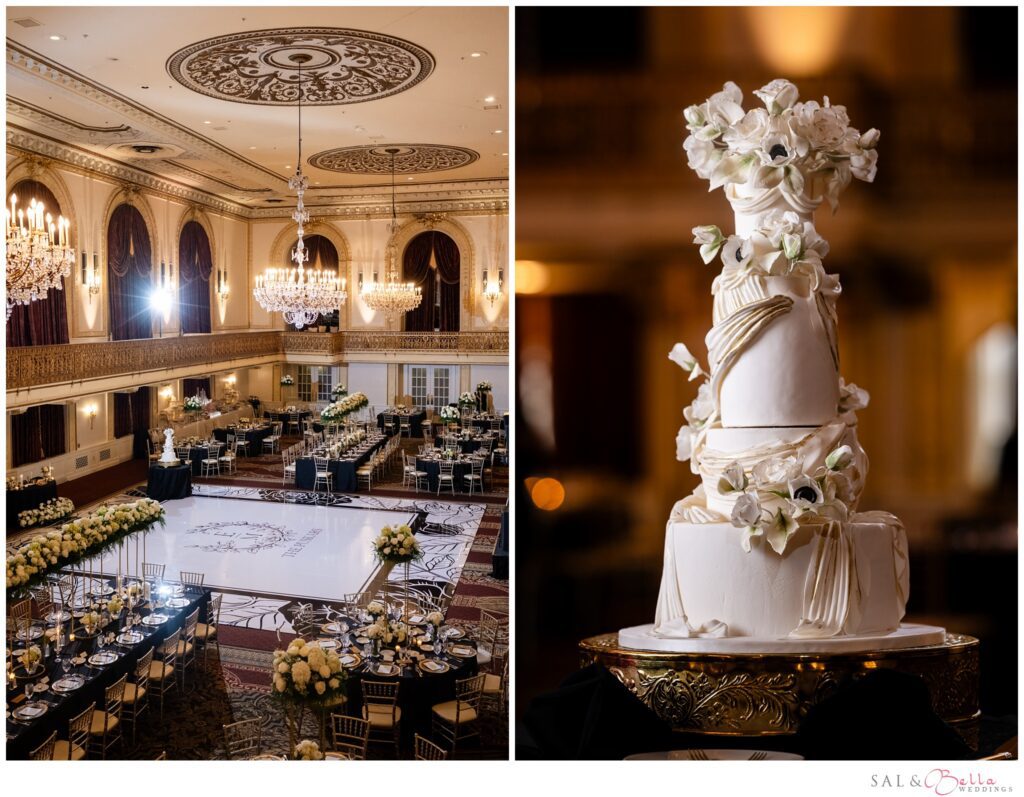 Omni William Penn Grand Ballroom wedding reception with black and gold decor and a white floral wedding cake done by Cakes by Colby