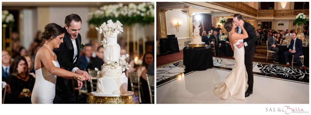 Elle and Mike cutting their white floral wedding cake and sharing a kiss during their Omni William Penn reception