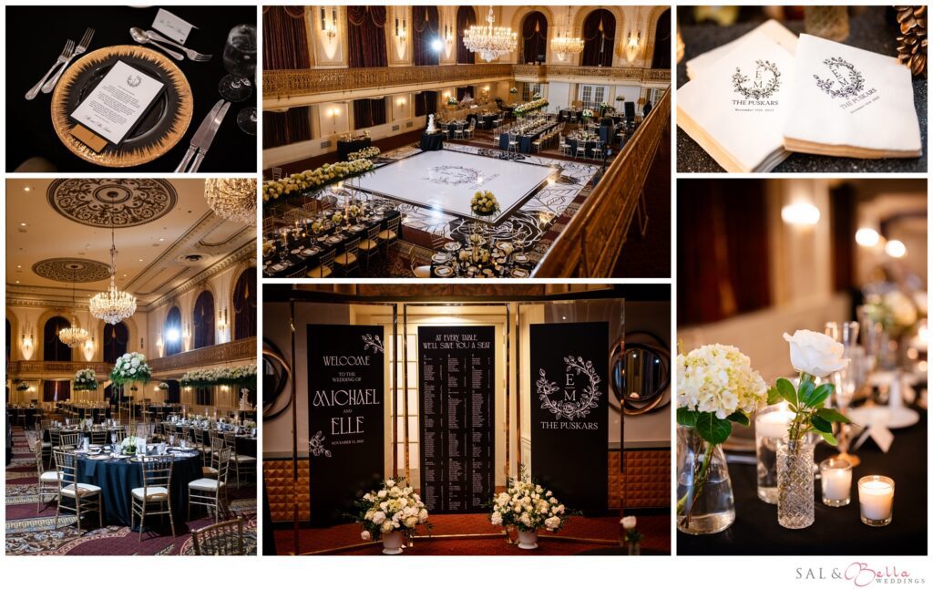 Black, white and gold wedding reception details inside the Grand Ballroom at the Omni William Penn Hotel in Pittsburgh