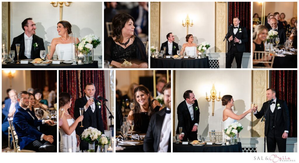 Wedding reception speeches and guest reactions during Elle and Mike's Omni William Penn wedding