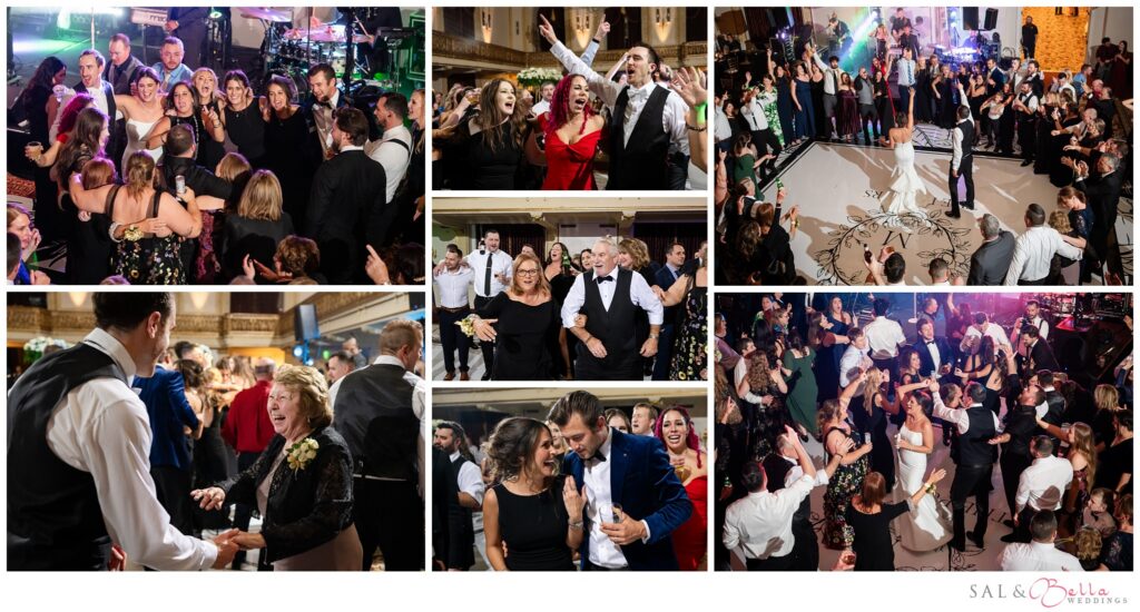 Bride, groom and wedding guests dancing together during a lively Pittsburgh wedding reception